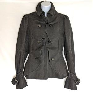 BCBG Max Azria Black Ruffle Pea Coat Blazer Jacket Zip Front Military Buttons XS